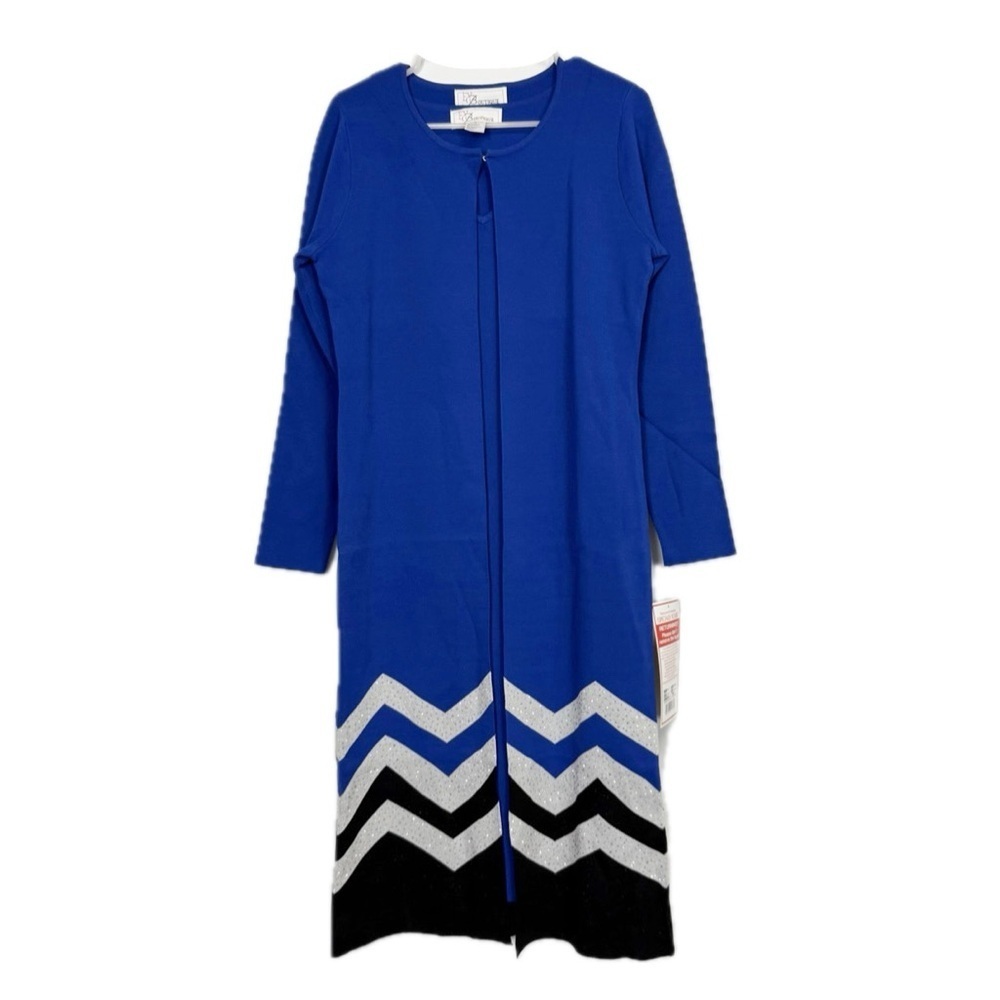 EY Boutique Dress Set Womens 8 Blue Sheath Cardigan Duster Chevron Metallic NWT